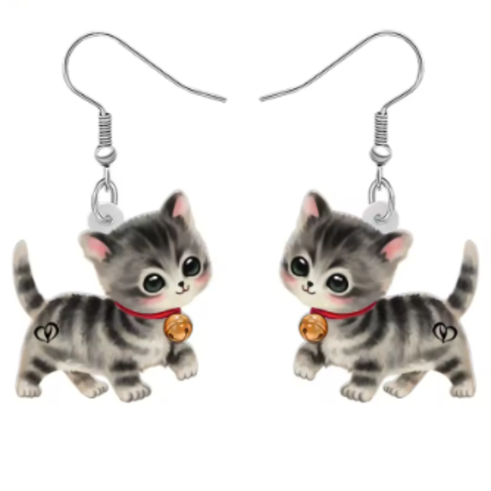 Acrylic Gray Tabby Kitten Dangle Earrings Birthday Christmas Gift Cat Lover